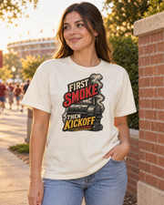 First Smoke Then Kickoff Premium T Shirt female lifestyle
