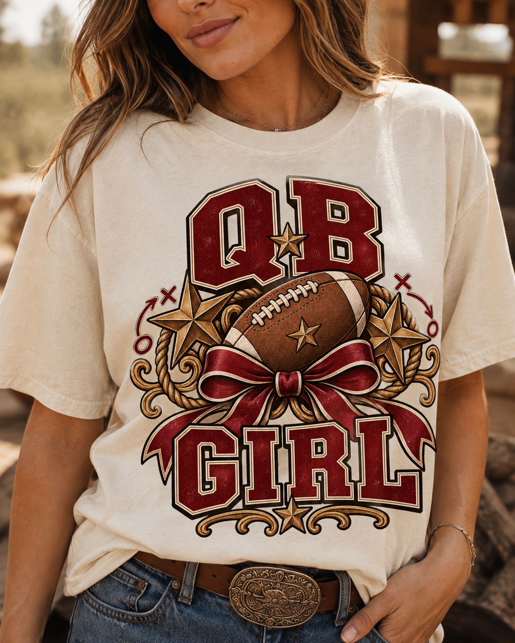 QB Girl football T-shirt graphic close-up