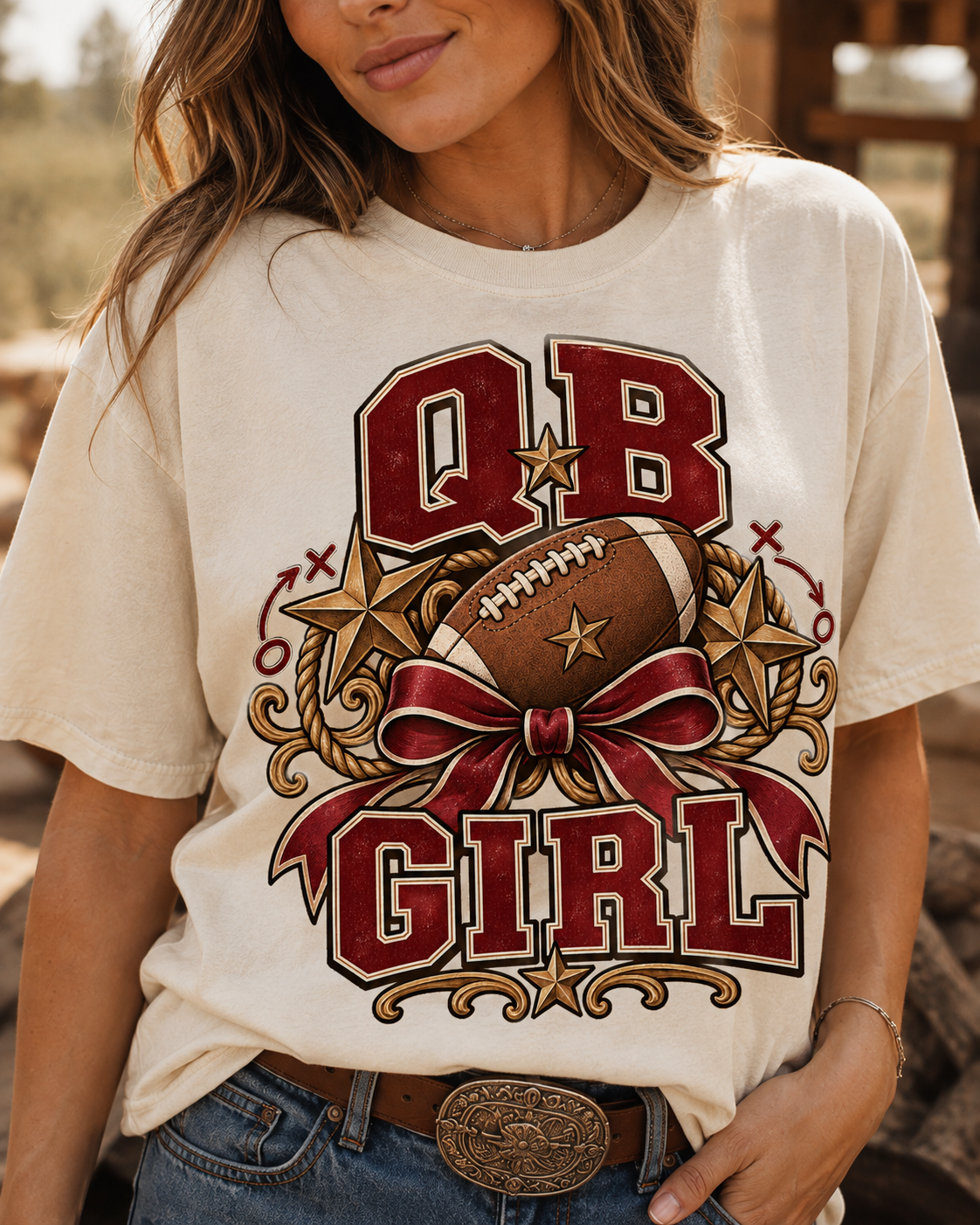 QB Girl football T-shirt graphic close-up