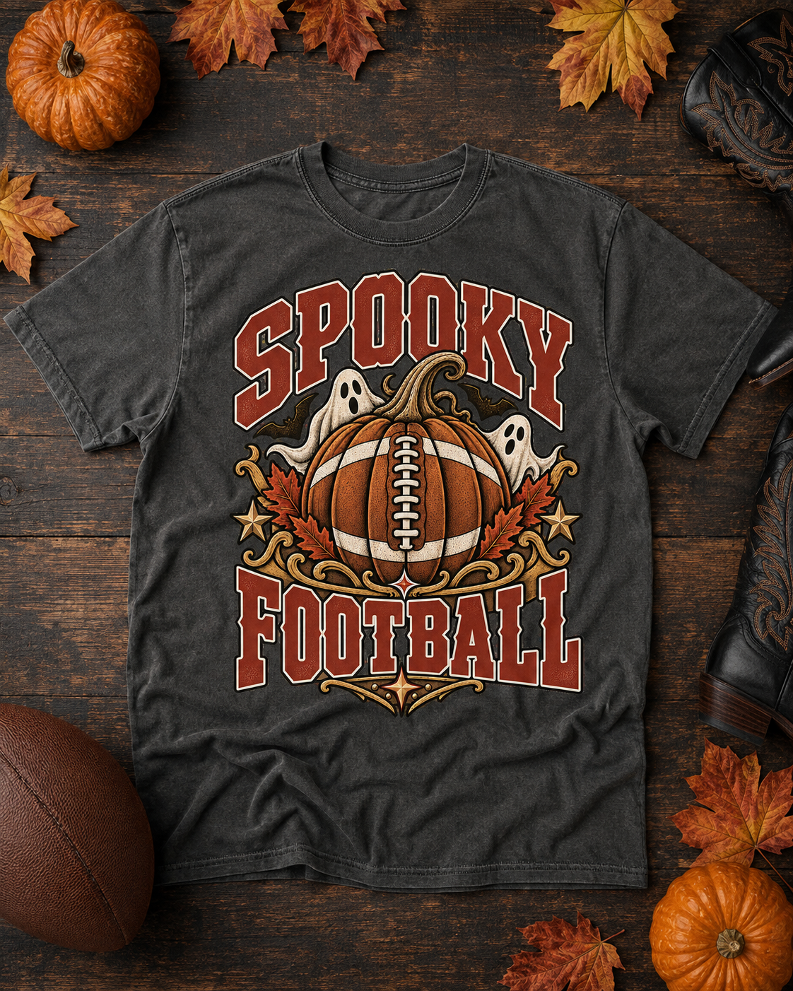 Spooky Football fall game day T-shirt flat lay mockup