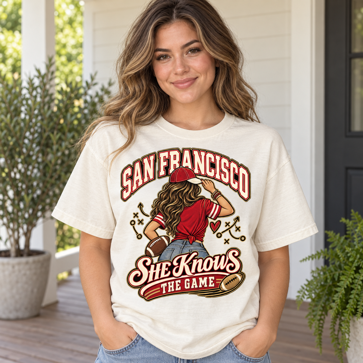 She Knows the Game San Francisco Comfort Colors 1717 T-shirt mockup 1