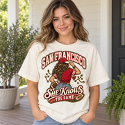 She Knows the Game San Francisco Comfort Colors 1717 T-shirt mockup 1