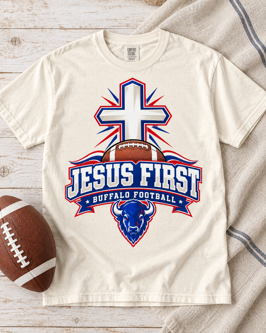 Jesus First Buffalo football faith Comfort Colors 1717 T-shirt mockup 5