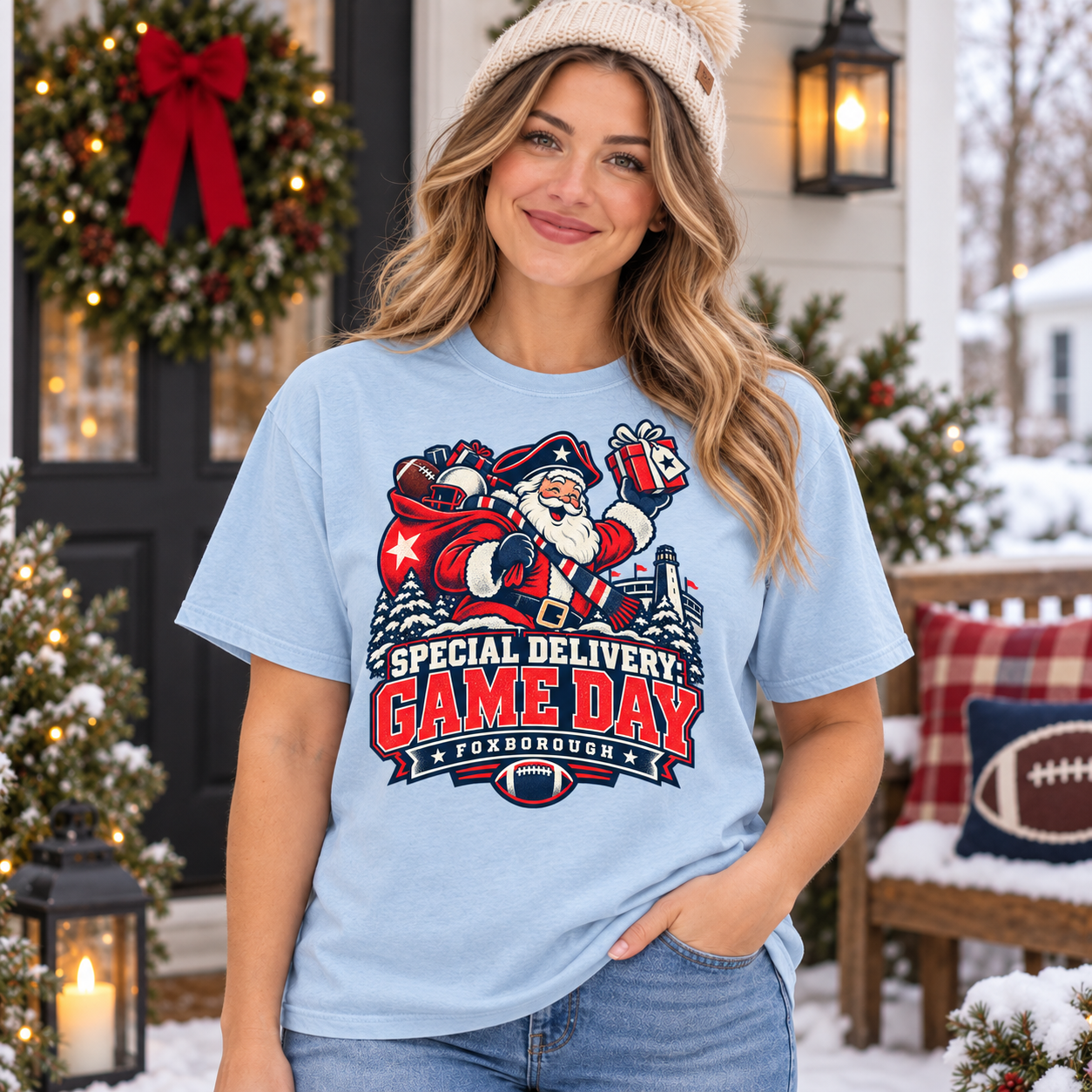 Special Delivery Game Day New England Christmas football Comfort Colors 1717 female lifestyle mockup