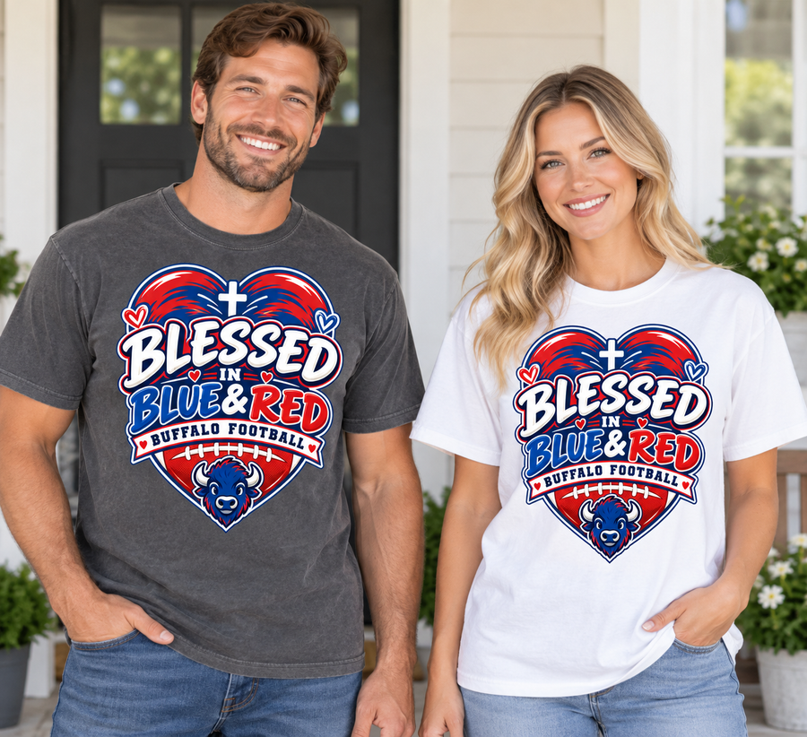 Blessed Blue and Red Buffalo football faith Comfort Colors 1717 T-shirt mockup 3