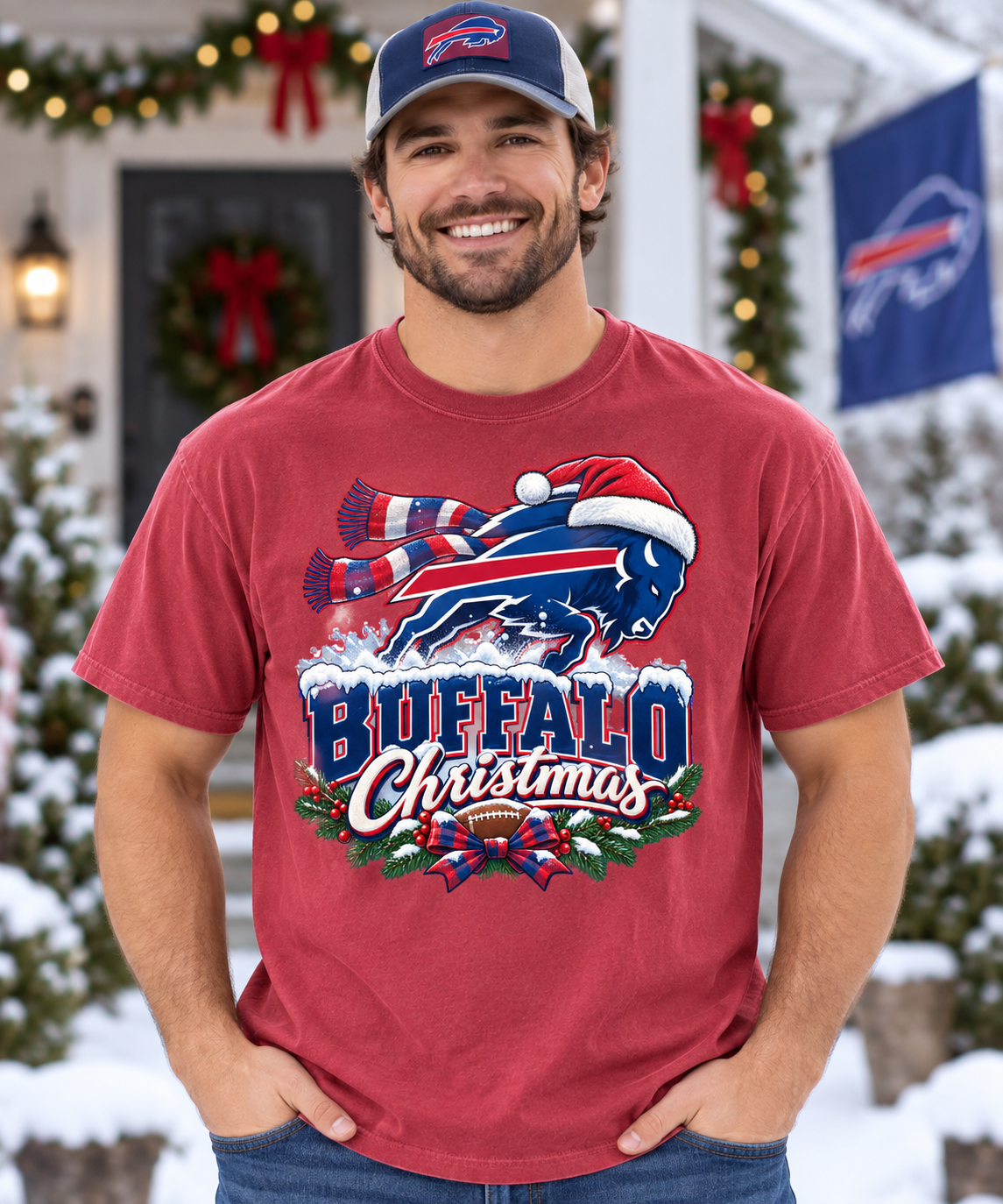 Buffalo Christmas bow football Comfort Colors 1717 T-shirt mockup 2