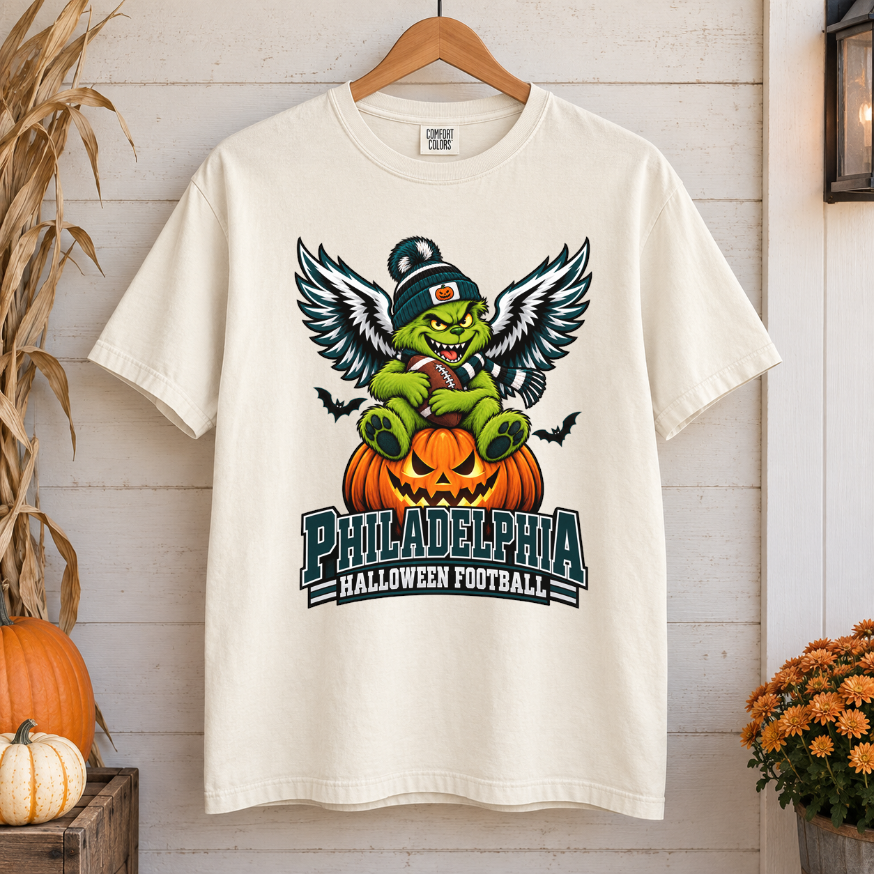 Grinch Philadelphia Halloween Football – Comfort Colors T-Shirt mockup 1