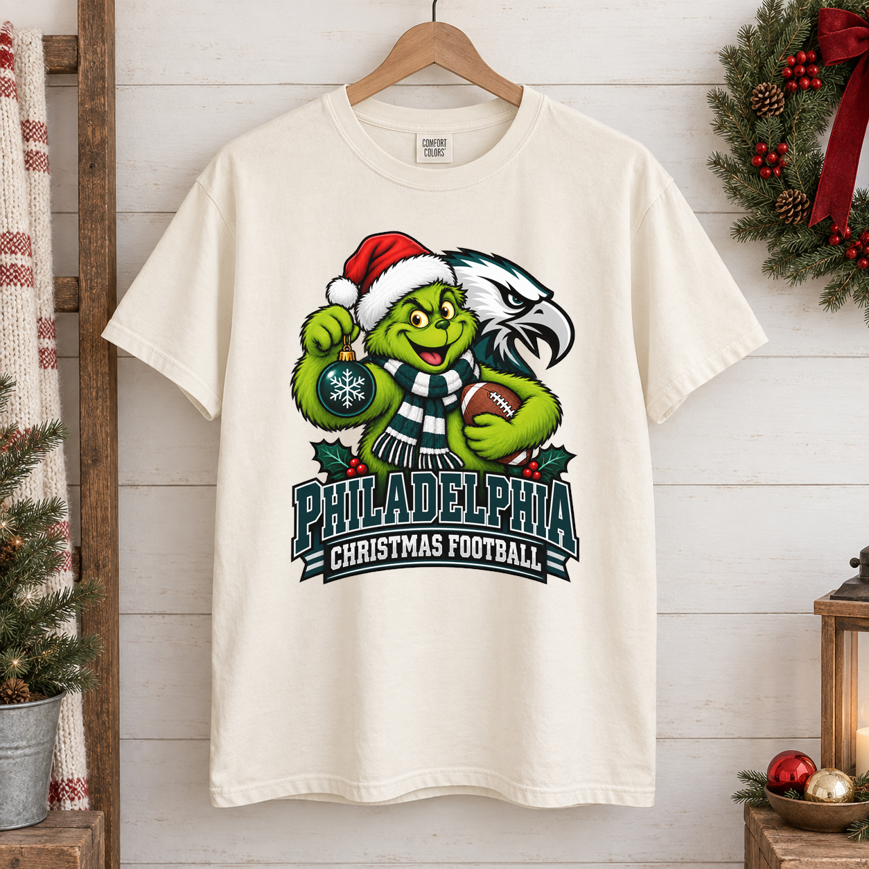 Grinch Philadelphia Christmas Football – Comfort Colors Holiday T-Shirt mockup 1