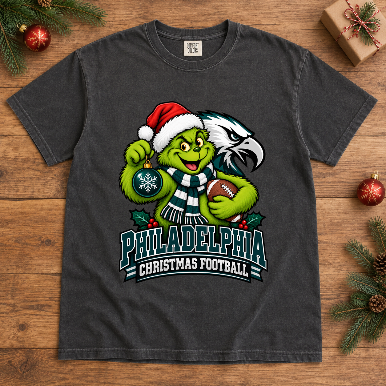 Grinch Philadelphia Christmas Football – Comfort Colors Holiday T-Shirt mockup 2