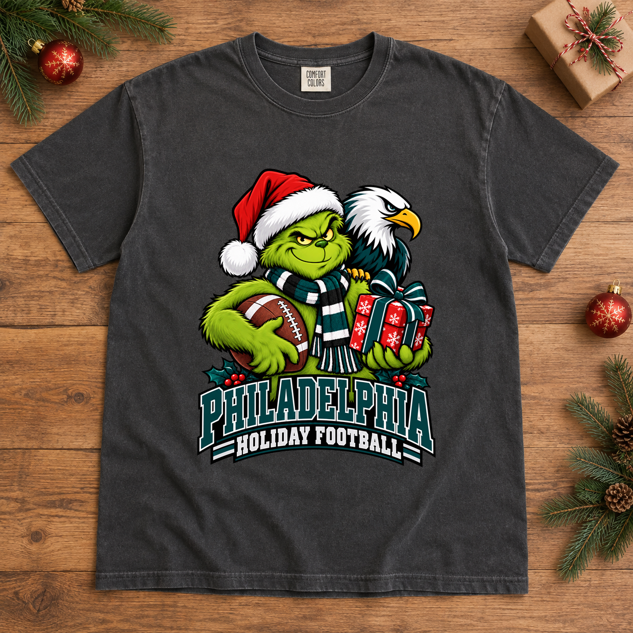 Grinch Philadelphia Holiday Football – Comfort Colors Christmas T-Shirt mockup 2