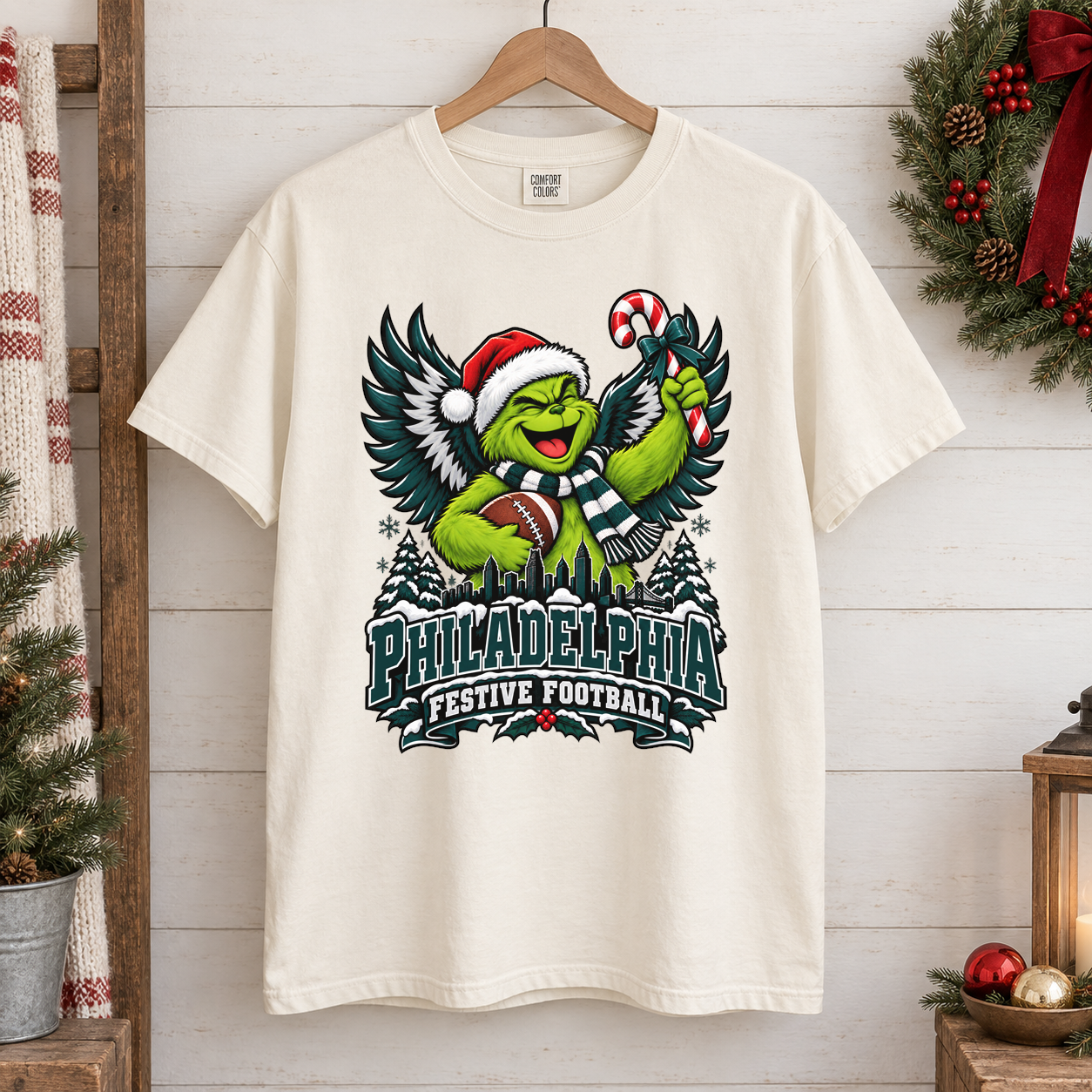 Grinch Philadelphia Festive Football – Comfort Colors Christmas T-Shirt mockup 1