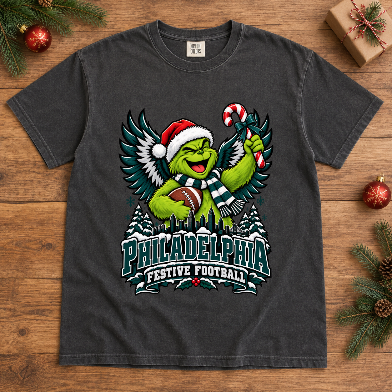 Grinch Philadelphia Festive Football – Comfort Colors Christmas T-Shirt mockup 2