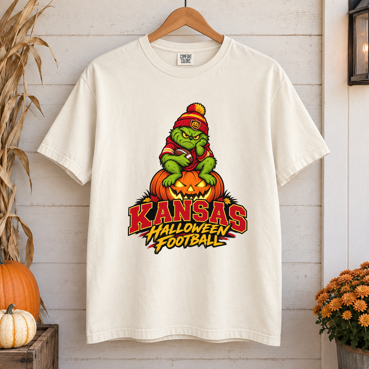 Grinch Kansas City Halloween Football – Comfort Colors T-Shirt mockup 1