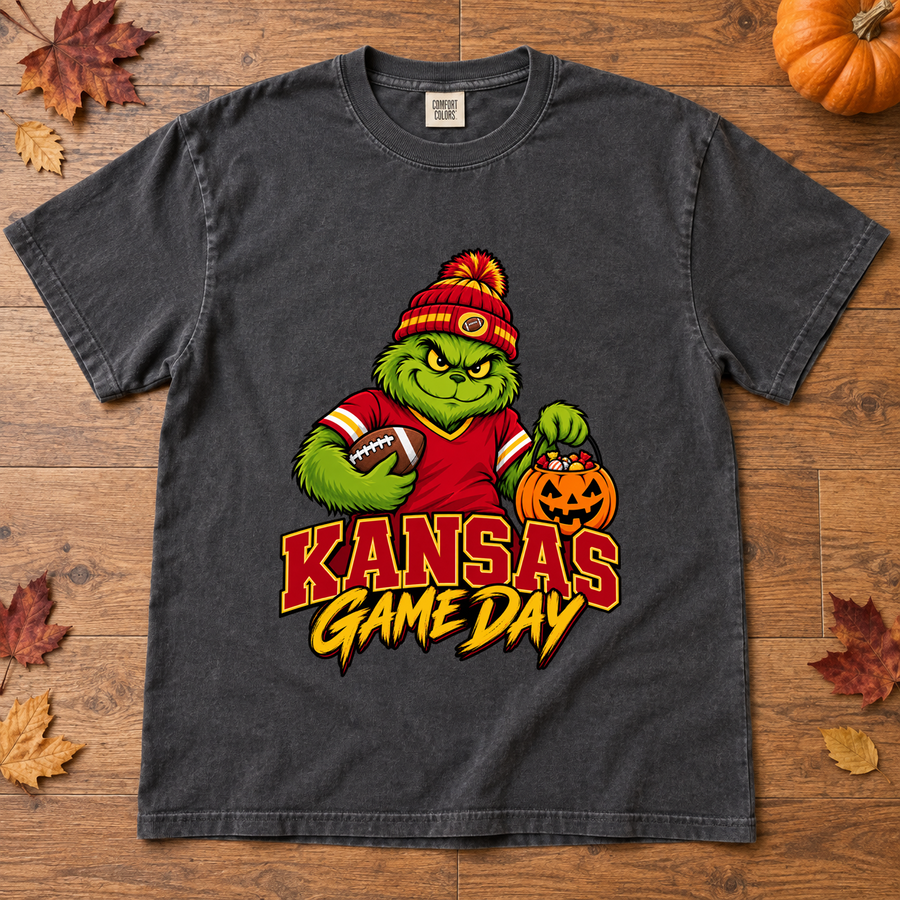 Grinch Kansas City Game Day – Comfort Colors Halloween Football T-Shirt mockup 2