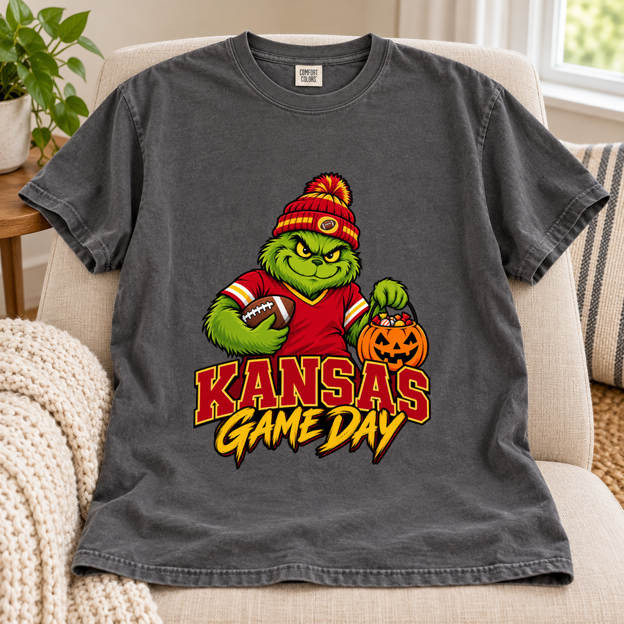 Grinch Kansas City Game Day – Comfort Colors Halloween Football T-Shirt mockup 4