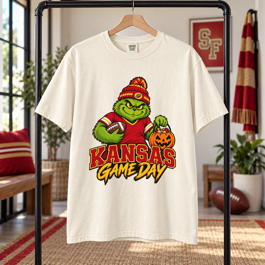 Grinch Kansas City Game Day – Comfort Colors Halloween Football T-Shirt mockup 5