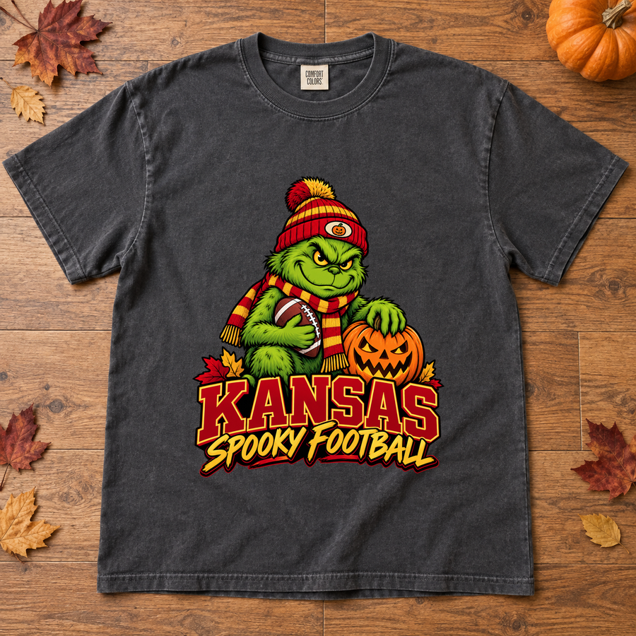 Grinch Kansas City Spooky Football – Comfort Colors Halloween T-Shirt mockup 2