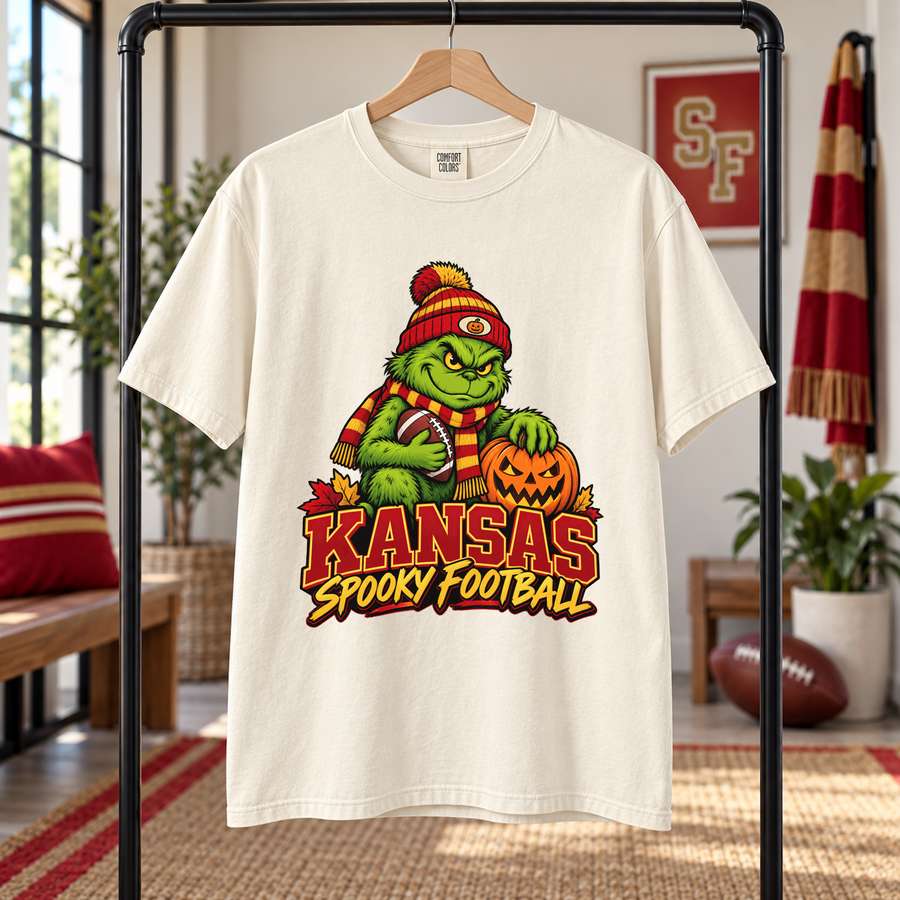 Grinch Kansas City Spooky Football – Comfort Colors Halloween T-Shirt mockup 5