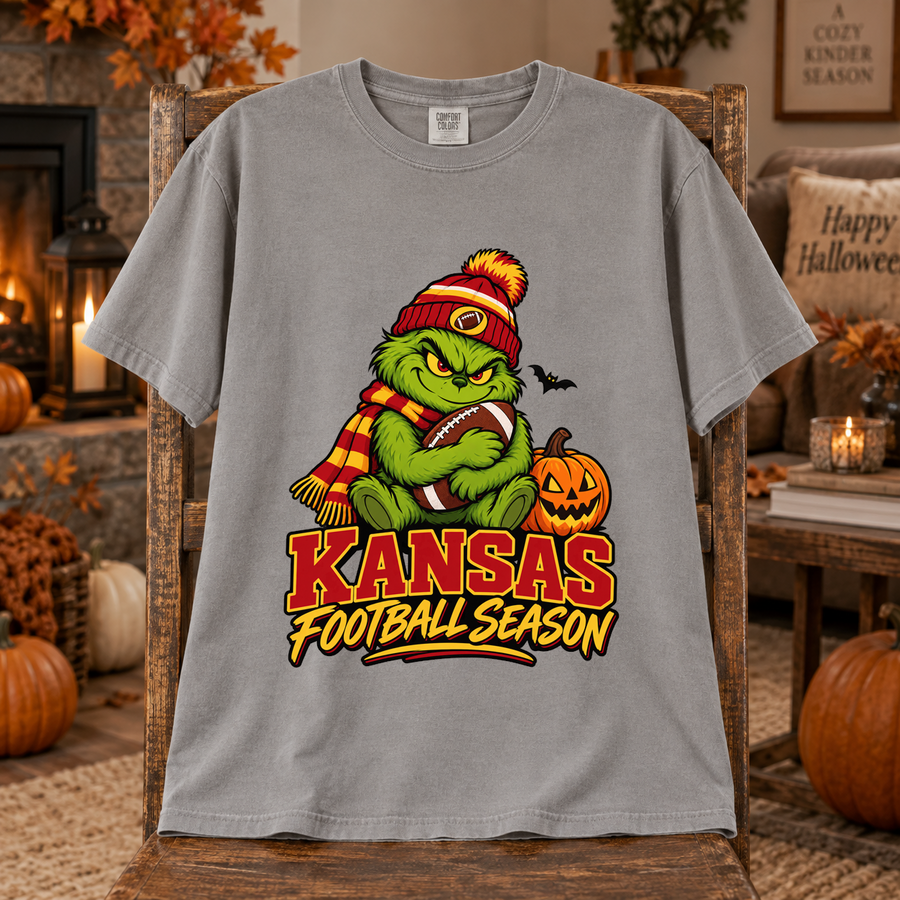 Grinch Kansas City Football Season – Comfort Colors Halloween T-Shirt mockup 3