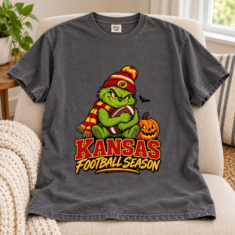 Grinch Kansas City Football Season – Comfort Colors Halloween T-Shirt mockup 4