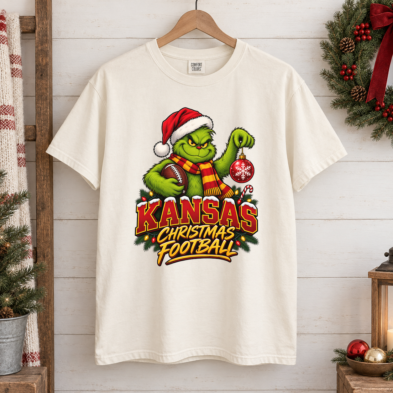 Grinch Kansas City Christmas Football – Comfort Colors Holiday T-Shirt mockup 1
