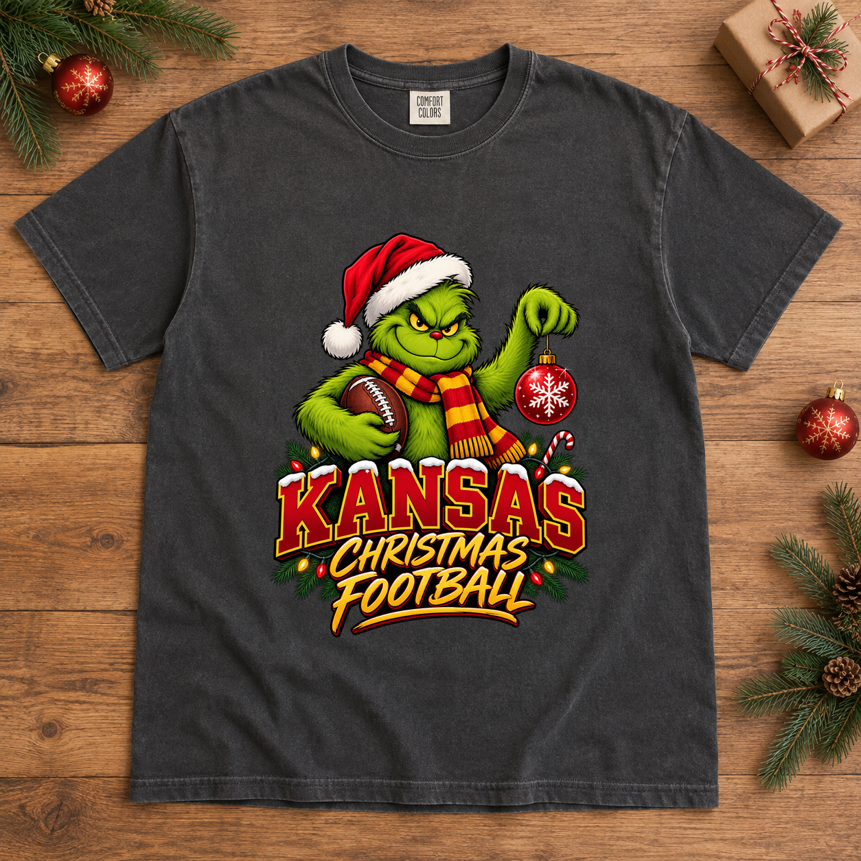 Grinch Kansas City Christmas Football – Comfort Colors Holiday T-Shirt mockup 2