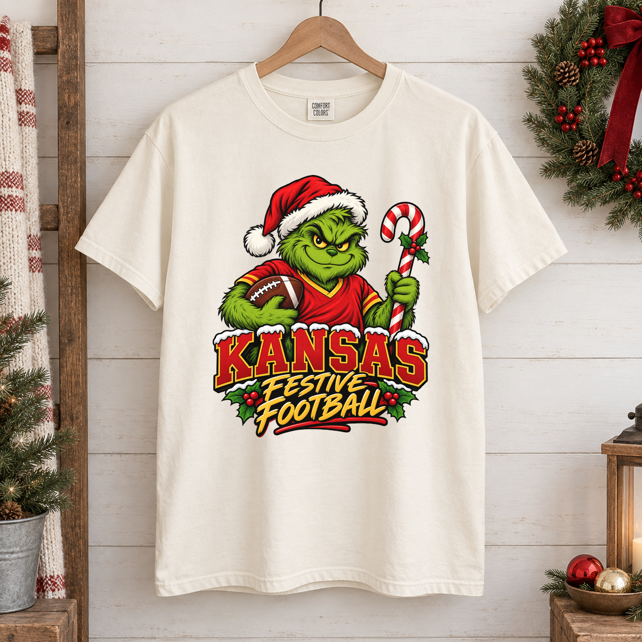 Grinch Kansas City Festive Football – Comfort Colors Christmas T-Shirt mockup 1