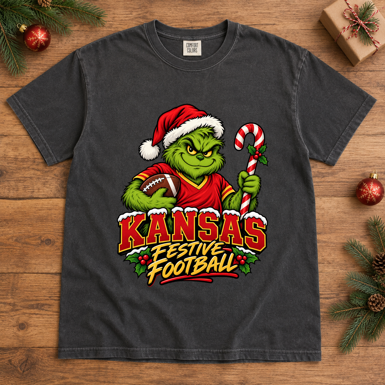 Grinch Kansas City Festive Football – Comfort Colors Christmas T-Shirt mockup 2