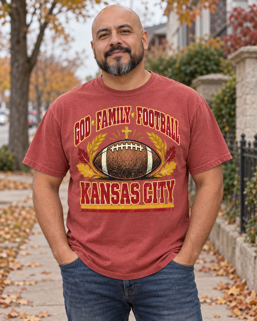 God Family Football Kansas City hanging tee mockup