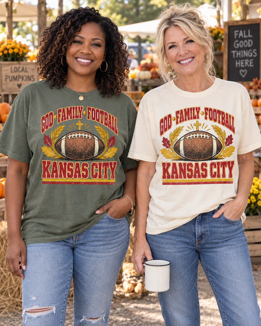 God Family Football Kansas City flat lay tee mockup