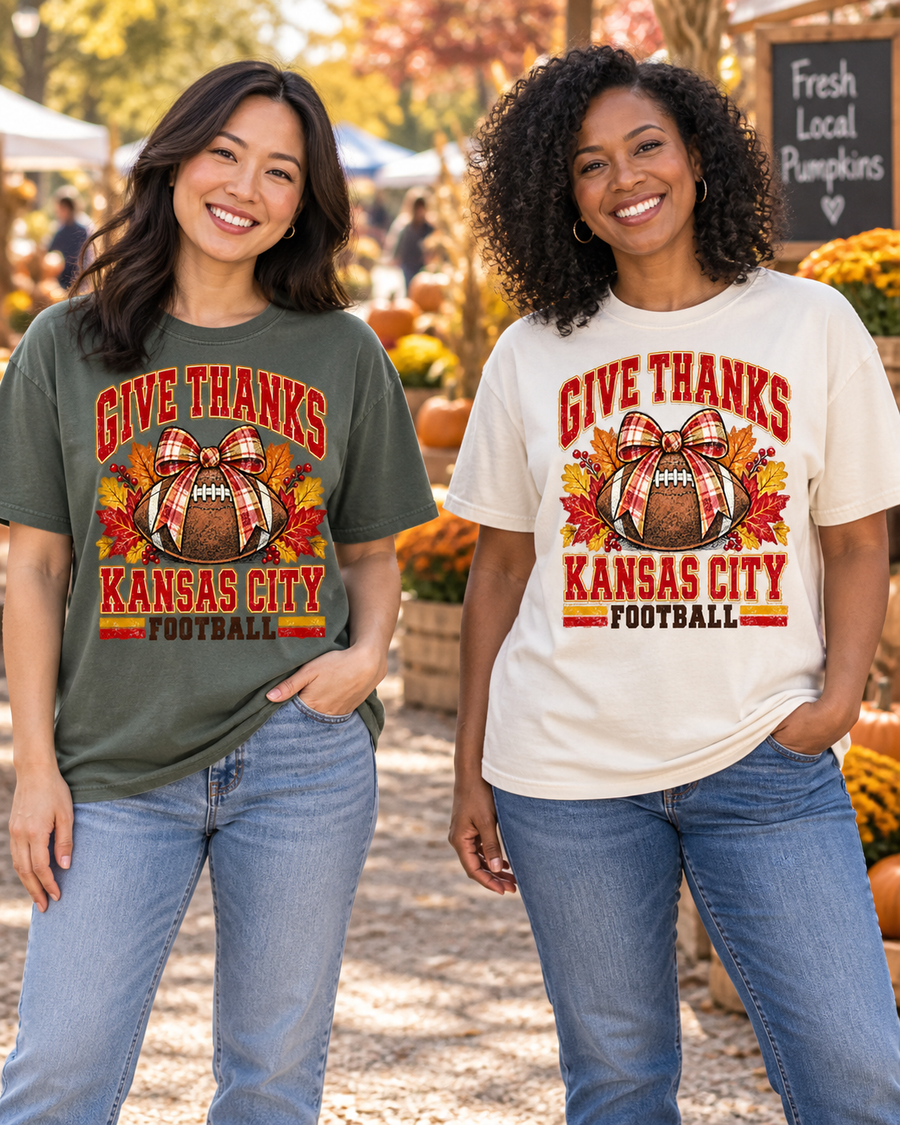 Give Thanks Kansas City Football flat lay tee mockup
