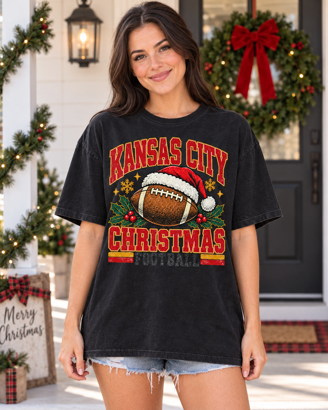 Kansas City Christmas Football premium T shirt model mockup