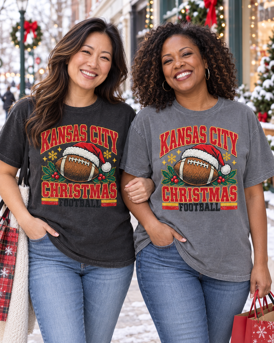 Kansas City Christmas Football flat lay tee mockup