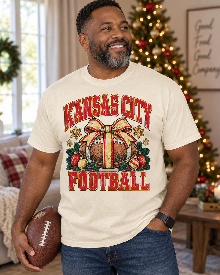 Kansas City Christmas bow football hanging tee mockup