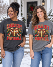 Kansas City Christmas bow football flat lay tee mockup