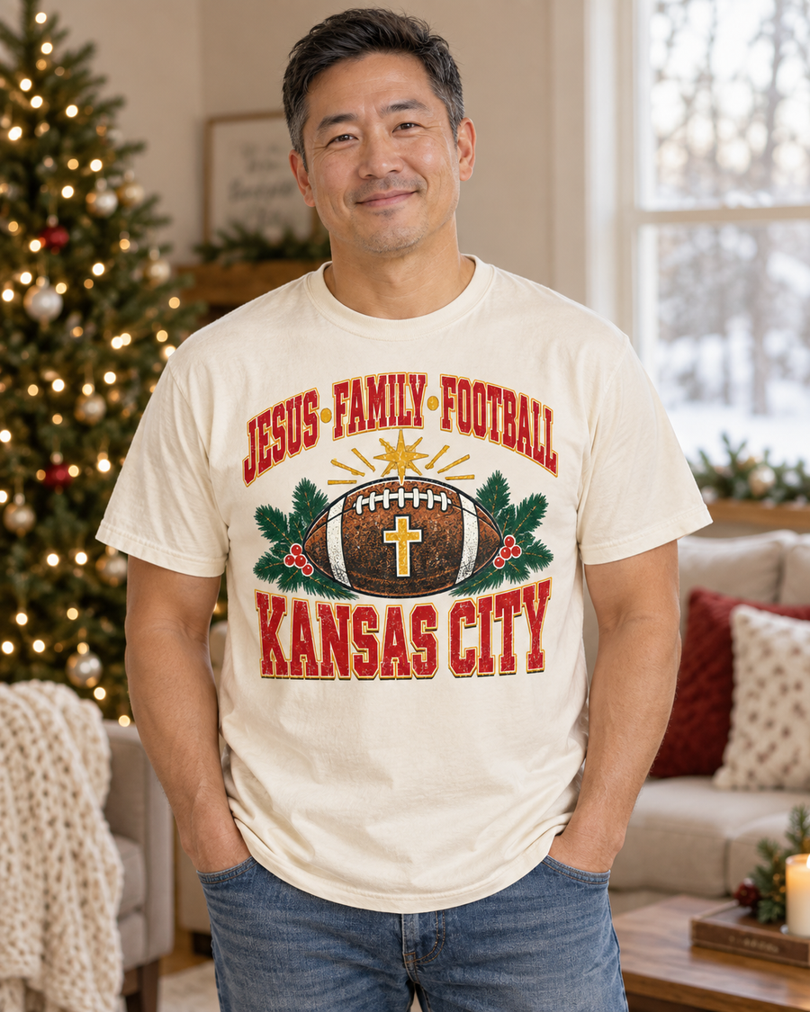 Jesus Family Football Kansas City hanging tee mockup