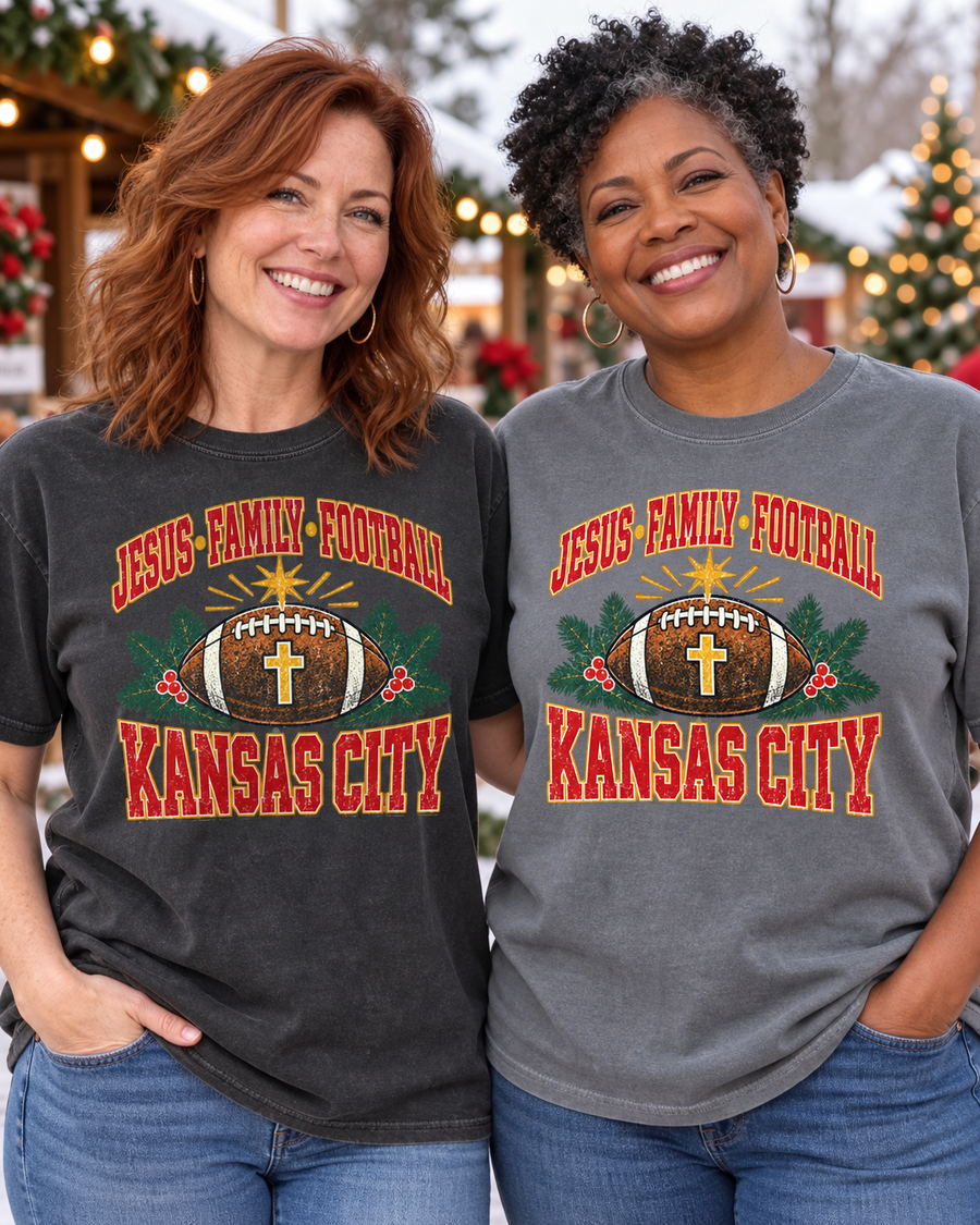 Jesus Family Football Kansas City flat lay tee mockup