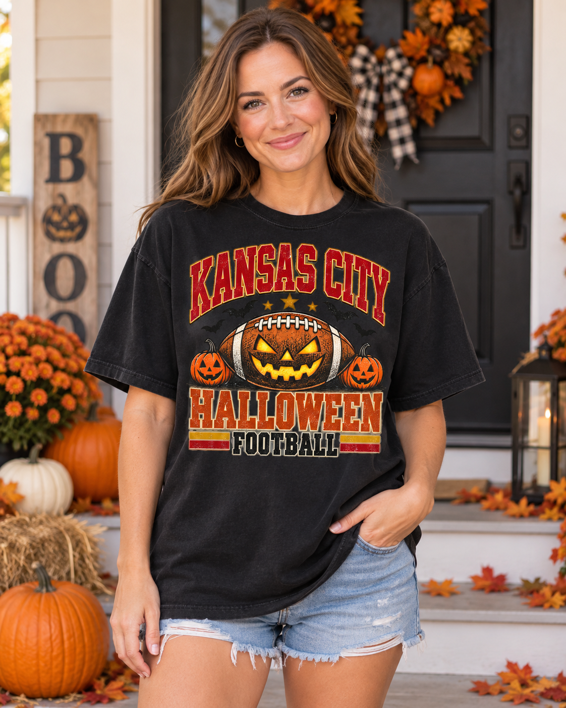 Kansas City Halloween Football premium T shirt model mockup