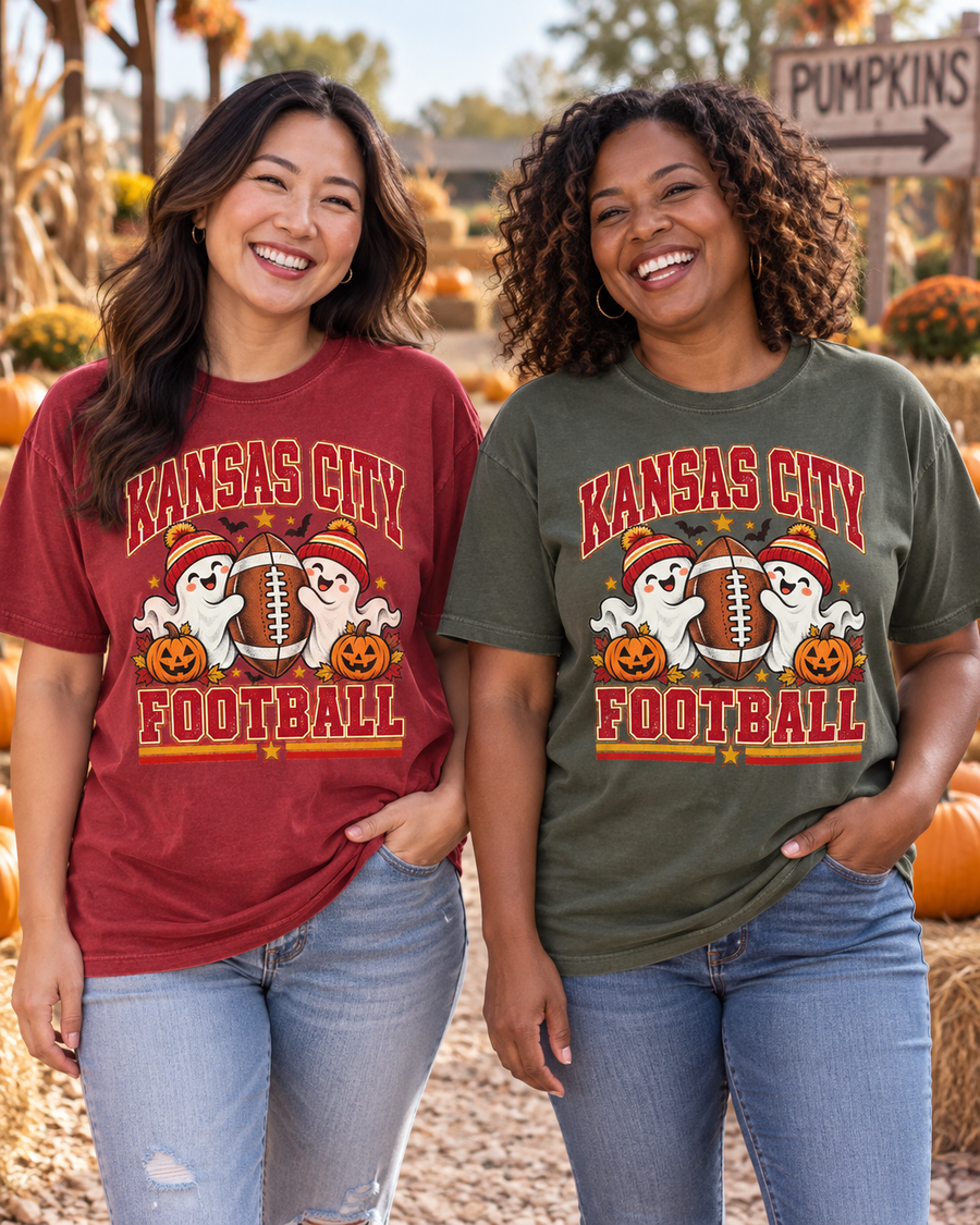 Kansas City Ghost Football Halloween flat lay tee mockup