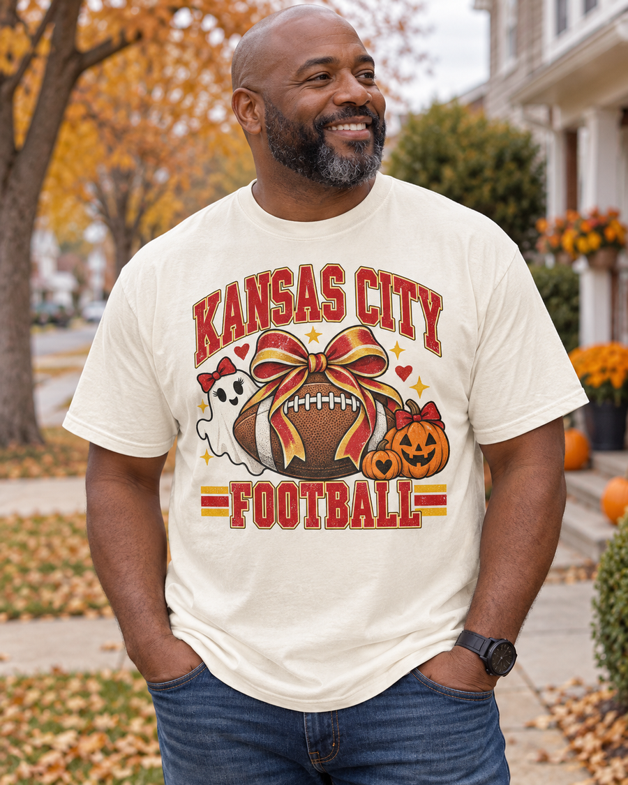 Kansas City Halloween bow football hanging tee mockup