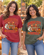 Kansas City Halloween bow football flat lay tee mockup