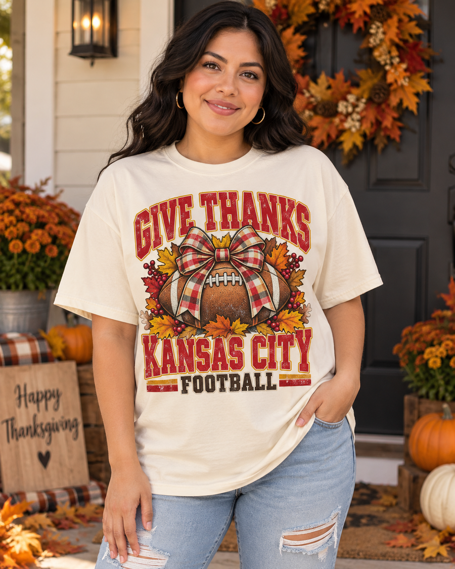 Give Thanks Kansas City Football Bow premium T shirt model mockup