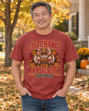 Give Thanks Kansas City Football Bow hanging tee mockup