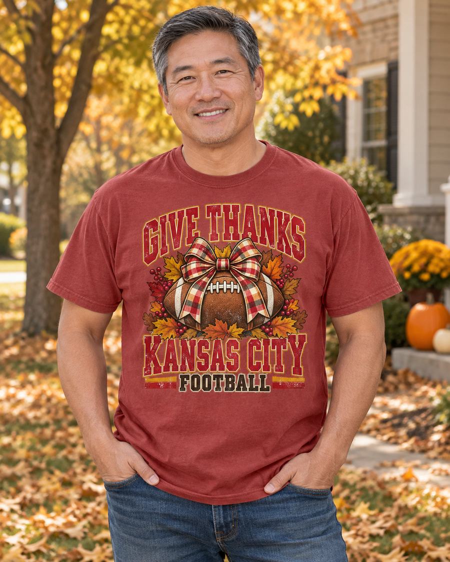 Give Thanks Kansas City Football Bow hanging tee mockup