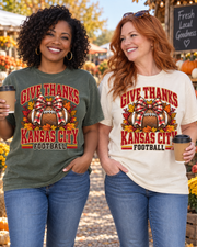 Give Thanks Kansas City Football Bow flat lay tee mockup