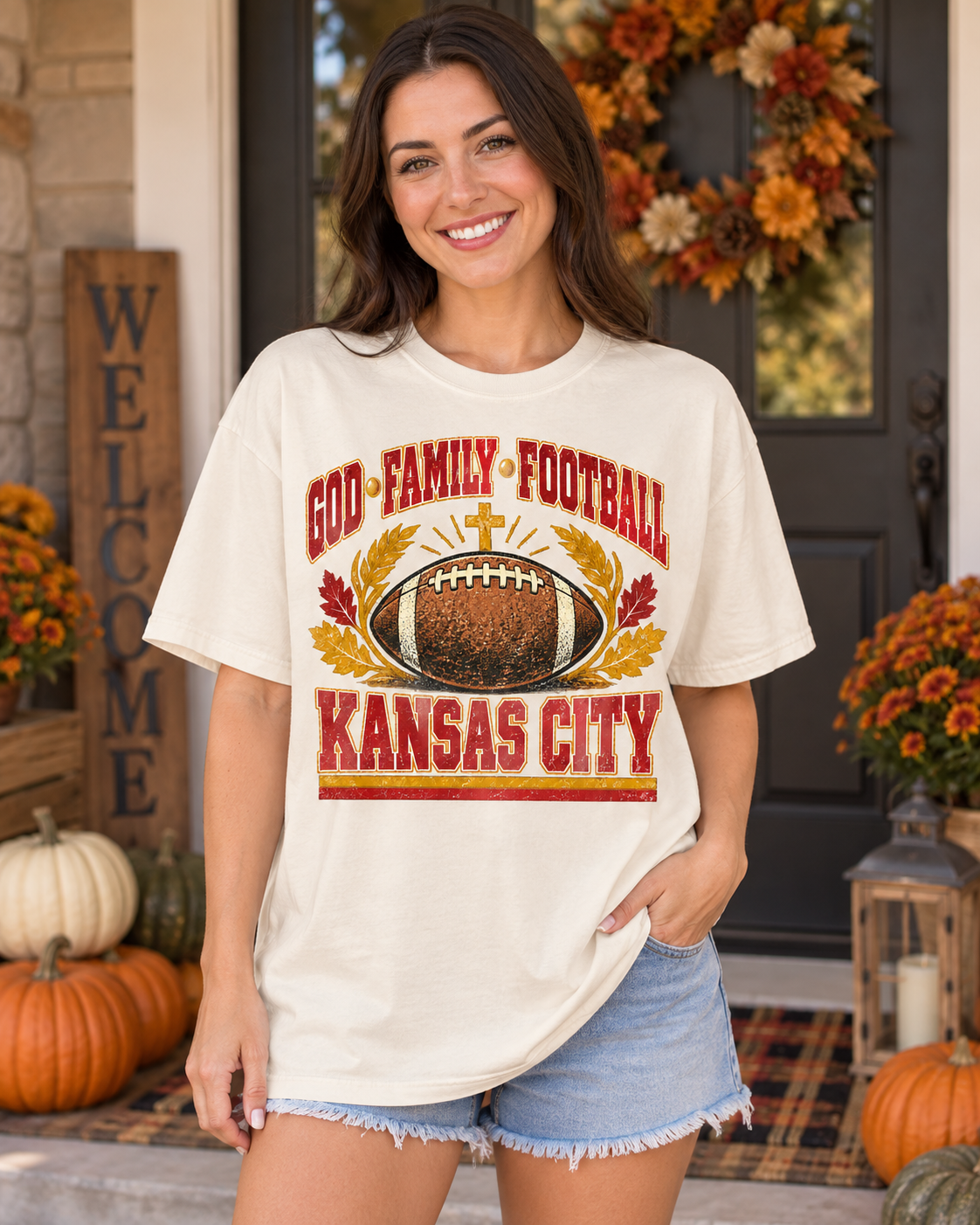 God Family Football Kansas City Fall premium T shirt model mockup