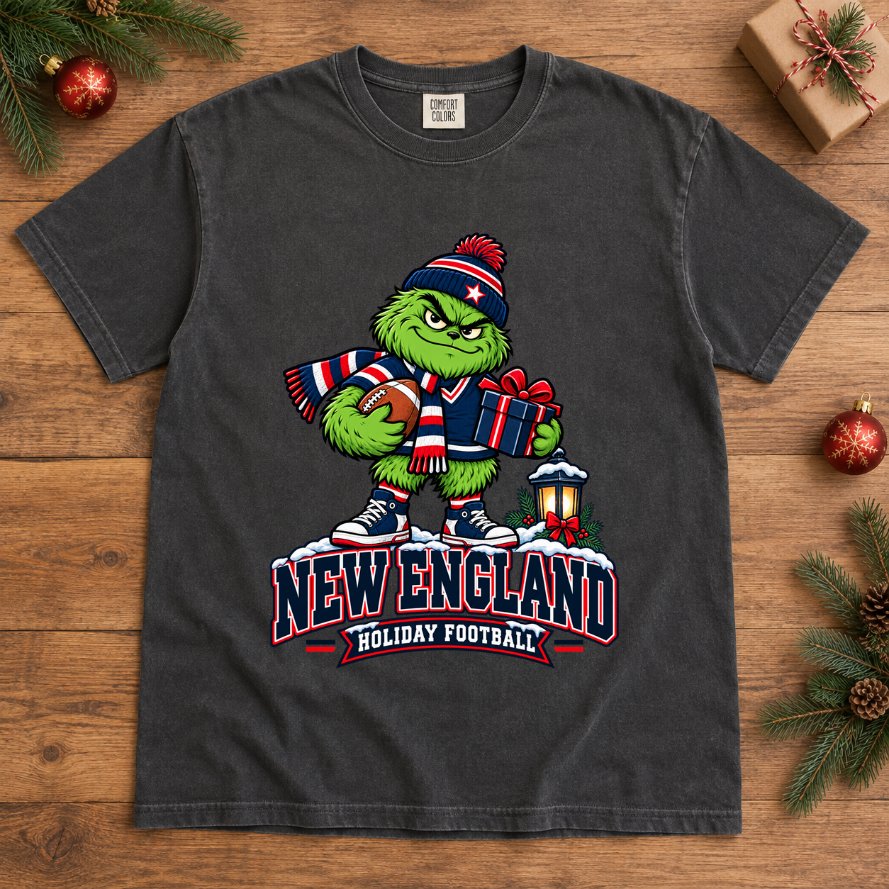 Grinch New England Holiday Football – Comfort Colors Christmas T-Shirt mockup 2