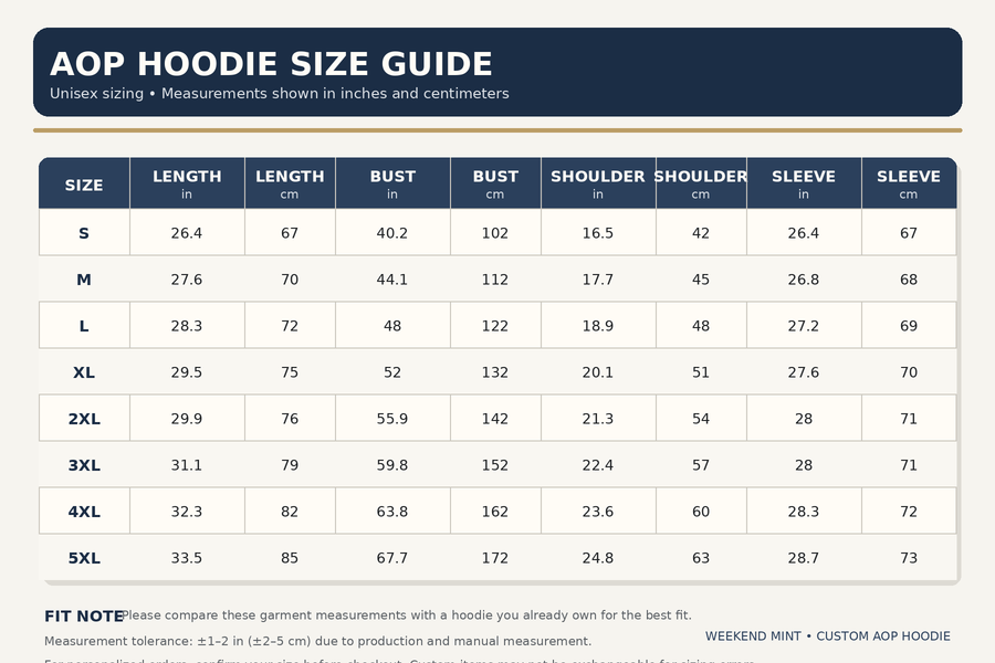 AOP Hoodie Size Guide - S to 5XL