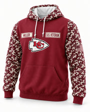 Chiefs Service all-over-print hoodie, original team colorway, three-quarter view, custom MILLER nameplate sample