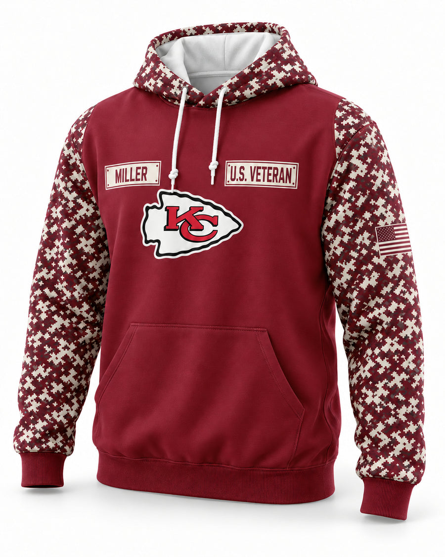 Chiefs Service all-over-print hoodie, original team colorway, three-quarter view, custom MILLER nameplate sample